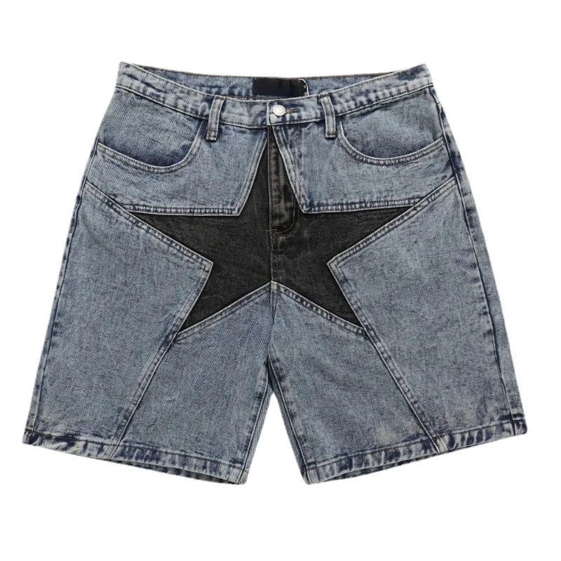 hip hop loose denim shorts pants fashion patchwork stars half pant men summer casual zipper streetwear short joggers men shorts unique joggers style 2817