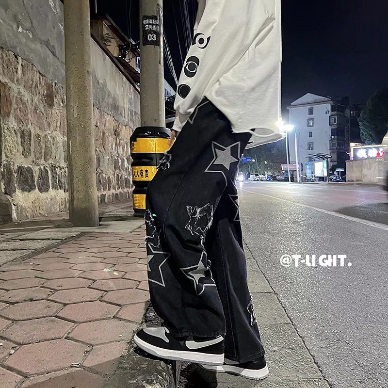 2023 autumn new light luxury fashion jeans men loose european and american style wide leg trousers boutique clothing simplestyle unique jeans style 3877