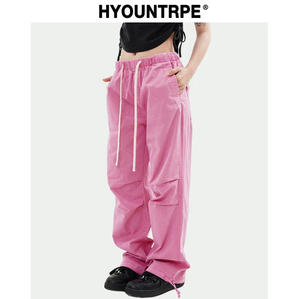 knee fold baggy pants unisex casual elastic waist straight trousers streetwear fashion drawstring women men hip hop y2k joggers urban active pants