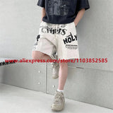 2024 American Heavyweight Vintage Men's Shorts With Letter Print Drawstring Loose Casual High Street High Quality