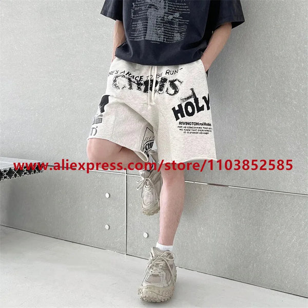 2024 American Heavyweight Vintage Men's Shorts With Letter Print Drawstring Loose Casual High Street High Quality
