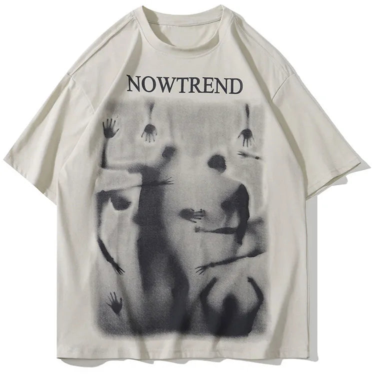 Glitchcore Fashion – Aolamegs Men Gothic Demon Ghost Print Oversized T Shirt Punk – Modern Streetwear for Everyone