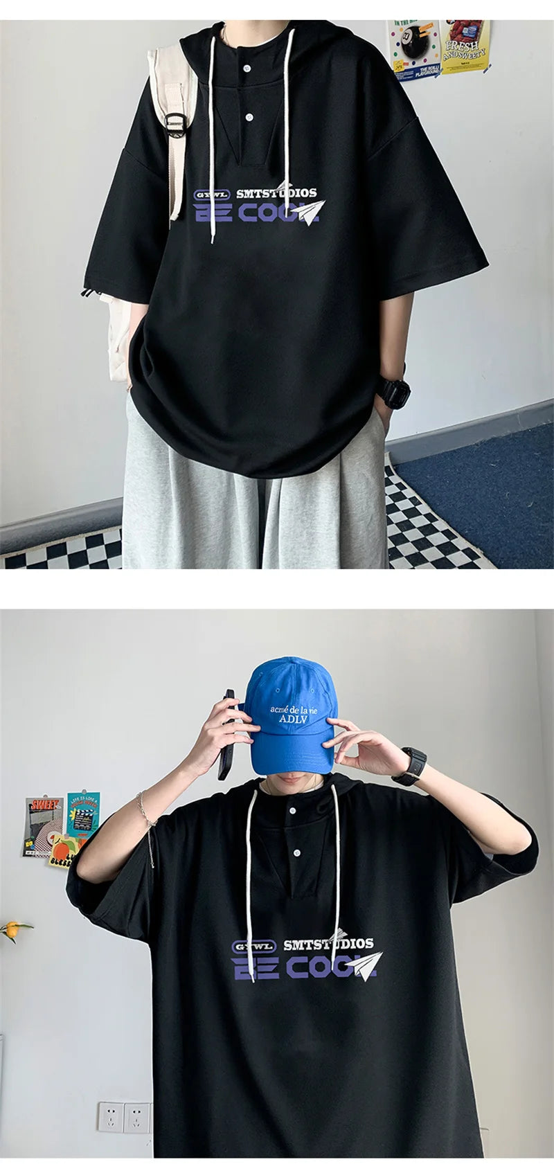 Harajuku Vintage anime – New Mens Casual Hooded Y2K T Shirt Summer Short Sleeve
