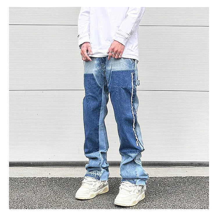 patchwork design denim flare jeans pants men casual zipper straight biker trousers jeans fashion streetwear hip hop jean joggers unique joggers style 2613