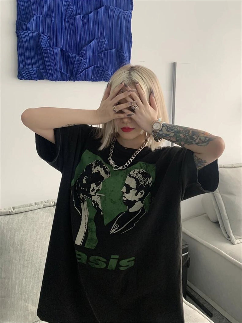 grunge aesthetic print tee featuring vintage rock band tee os washed old high street portrait print casual loose cotton couple tops t shirt for summer