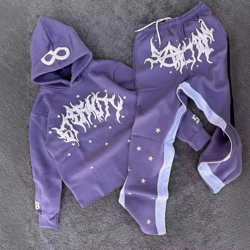 2024 y2k long sleeved foam printed pullover hoodie sweatshirt and pants two piece streetwear trendy wear dark vintage casual menswear bottoms