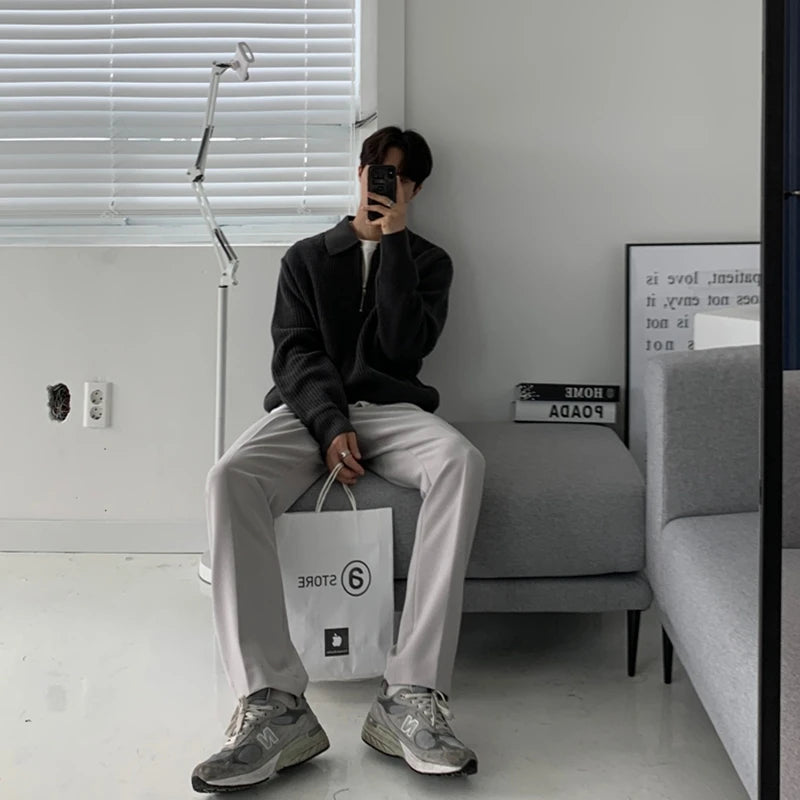 grunge knit sweater with heavyweight fabric, layered urban look for cold weather, street fashion menswear trend for seasonal 