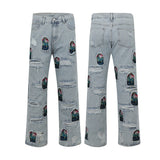 retro patch embroidered pleated jean for men street wear washed destroyed straight patchwork ripped jeans pants baggy hip hop unique jeans style 1063