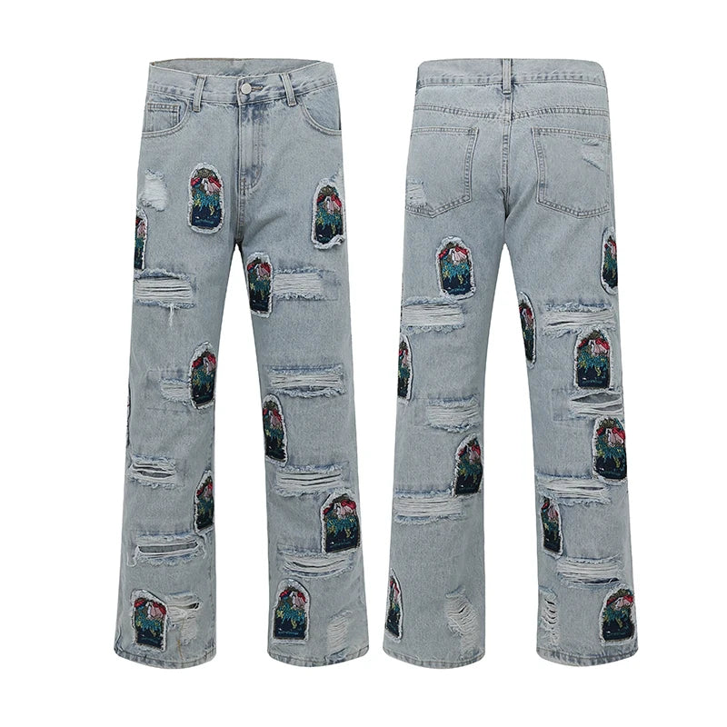 retro patch embroidered pleated jean for men street wear washed destroyed straight patchwork ripped jeans pants baggy hip hop unique jeans style 1063