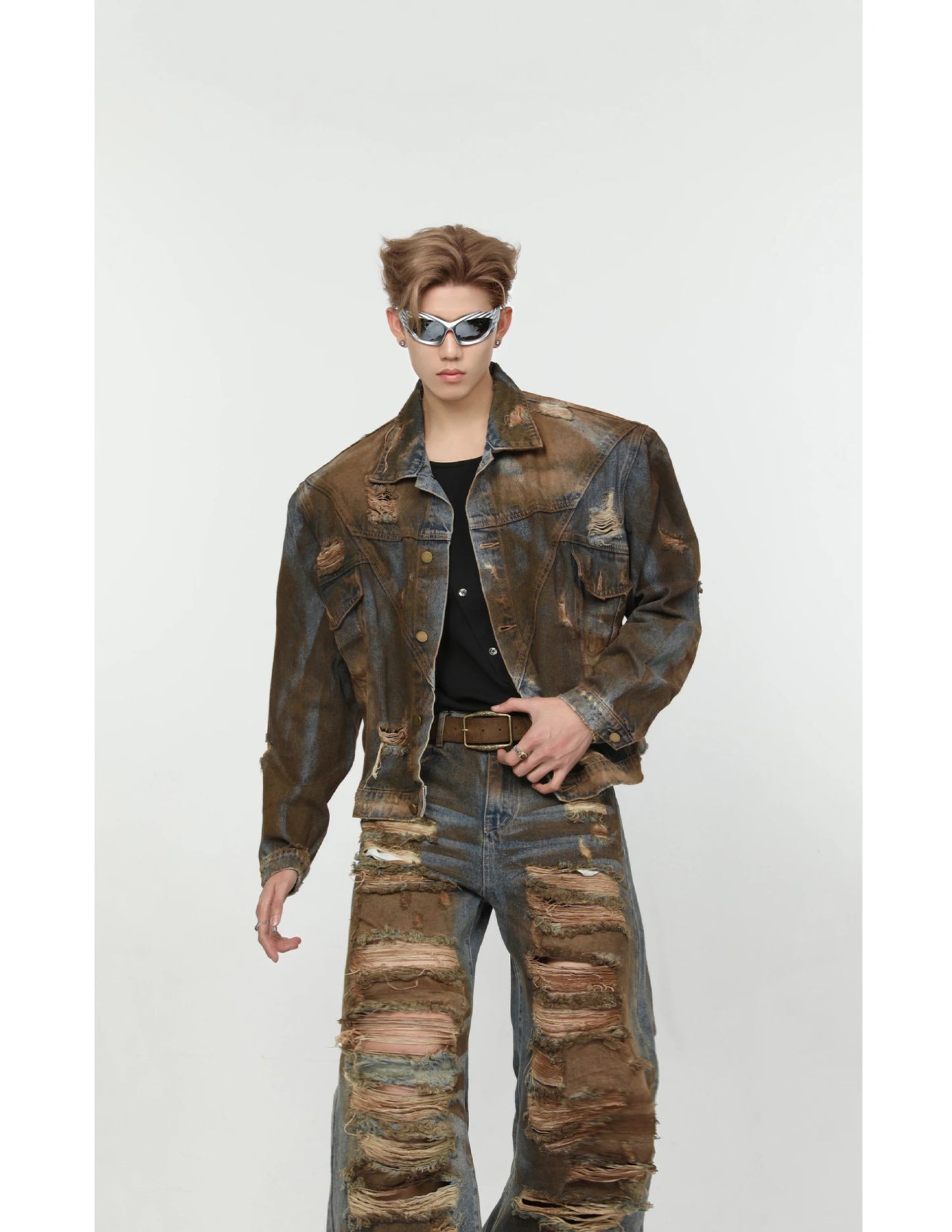 2 pieces sets mens dirty graffiti wide shouder denim jeans jacket coat and ripped holes wide legs pants joggers streetwear sets unique joggers style 4555