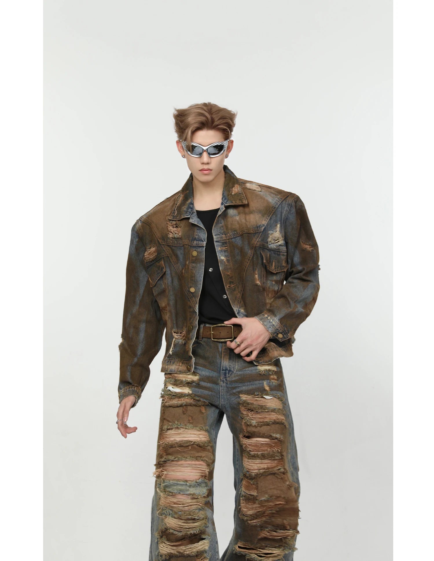 2 pieces sets mens dirty graffiti wide shouder denim jeans jacket coat and ripped holes wide legs pants joggers streetwear sets unique joggers style 4555