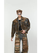 2 pieces sets mens dirty graffiti wide shouder denim jeans jacket coat and ripped holes wide legs pants joggers streetwear sets unique joggers style 4555