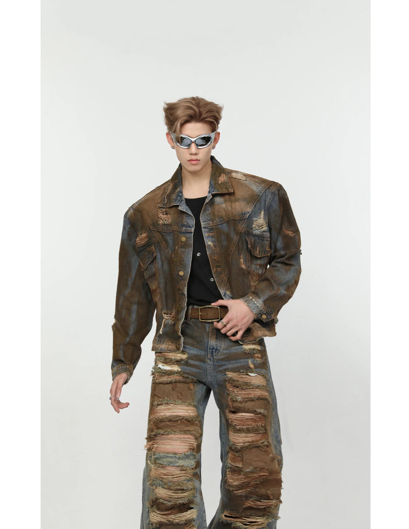 2 pieces sets mens dirty graffiti wide shouder denim jeans jacket coat and ripped holes wide legs pants joggers streetwear sets unique joggers style 4555