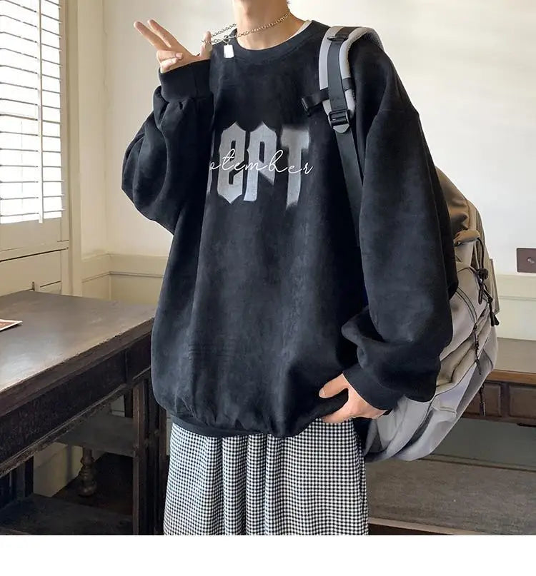 Round Neck Sweatshirt for Men American Retro Print Trendy Brand Autumn Loose Couple Wear Jacket Tops