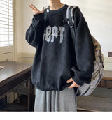 Suede Korean Trendy Round Neck Sweatshirt for Men American Retro Print Trendy Brand Autumn Loose Couple Wear Jacket Tops