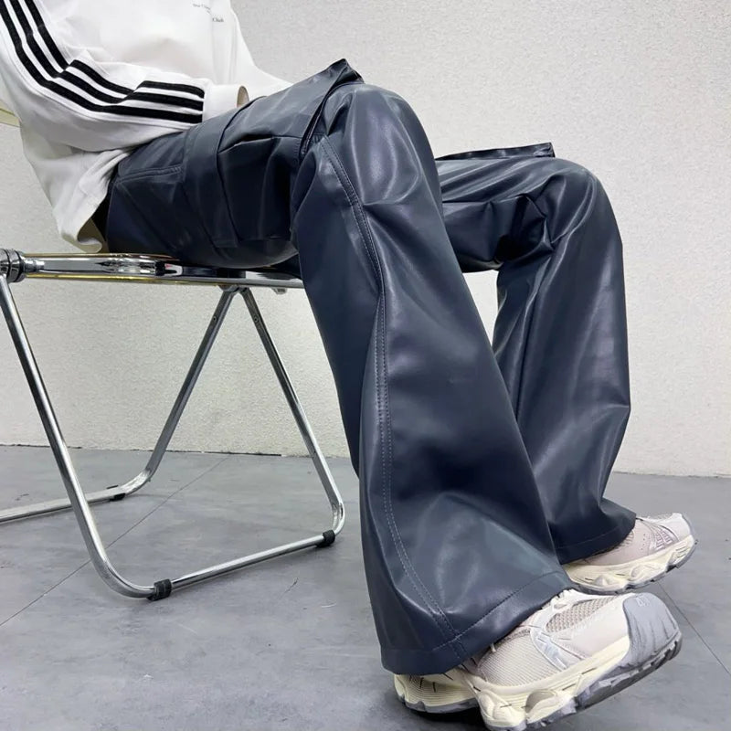 pu leather pants mens streetwear fashion hip hop vibe casual faux leather cargo flared pant men motorcycle trousers unique cargo style 3063
