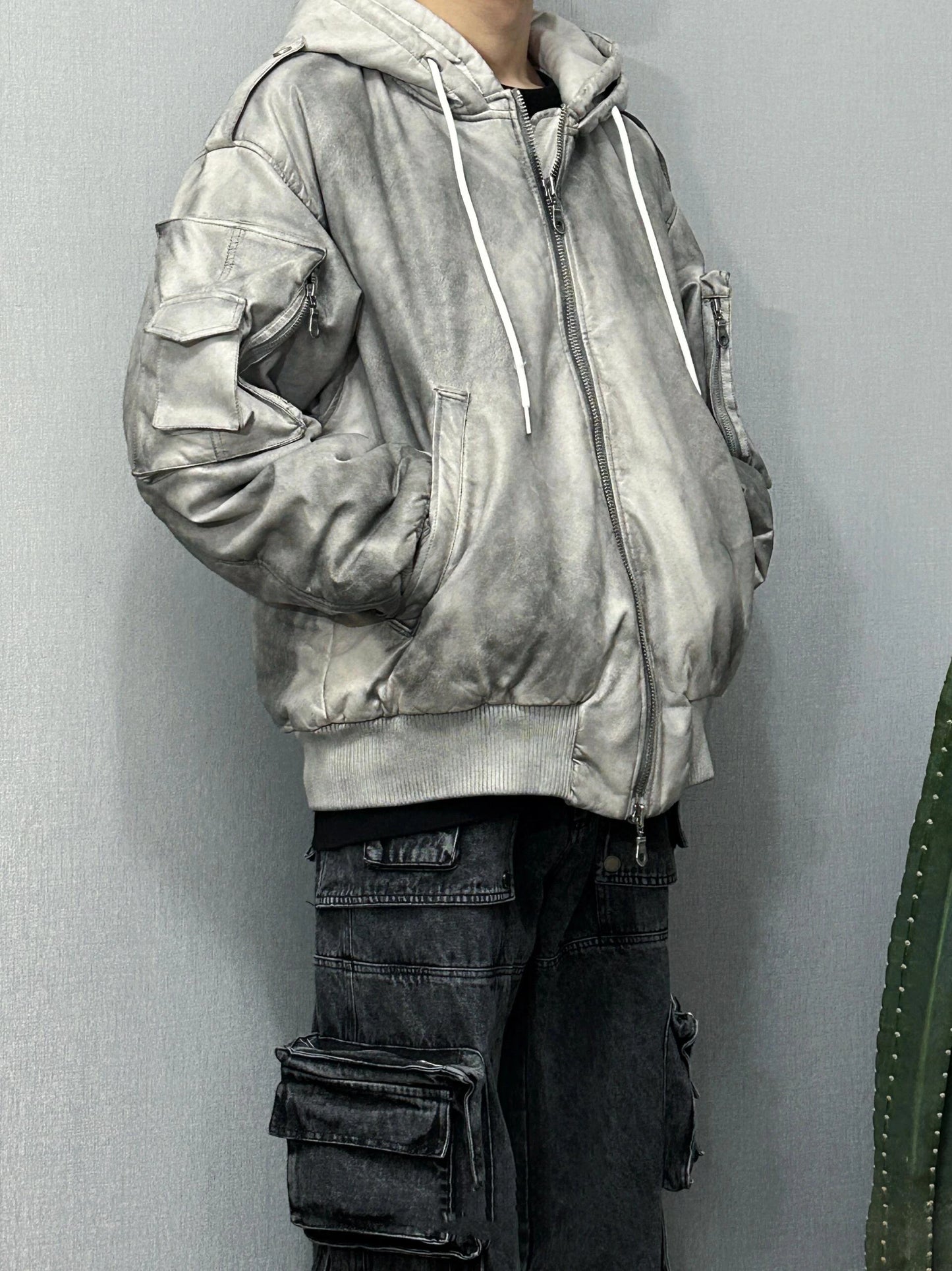 Urban Grunge Double-Layer Hoodie – Leather Texture Streetwear