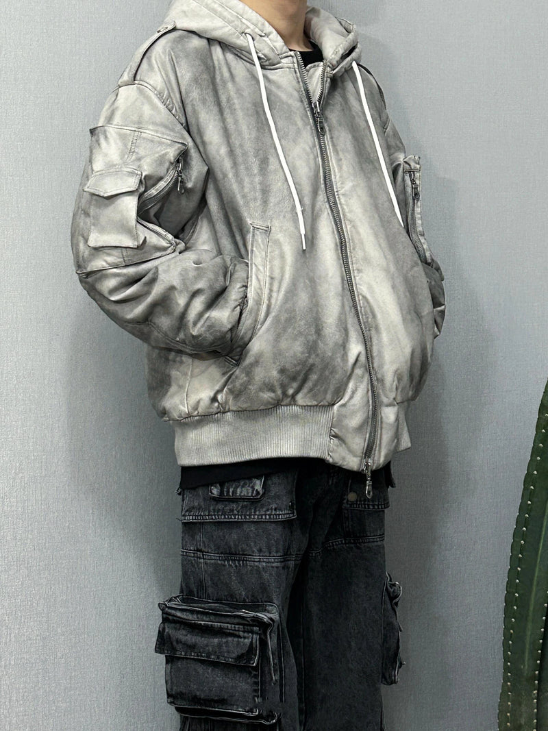 Urban Grunge Double-Layer Hoodie – Leather Texture Streetwear