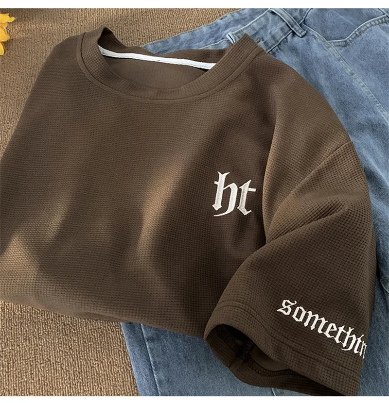 Glitchcore Aesthetic drop – 2024 Summer Letter Embroidered Waffle T Shirt Mens Y2K Vinta