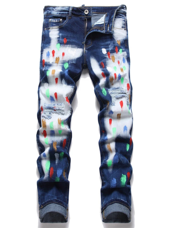 fashion distressed white washed denim jean pants colorful graffiti printed casual biker hip hop jeans slim joggers mens jeans sporty tapered joggers
