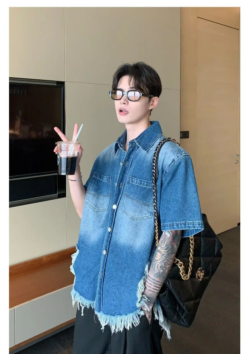 fashion high street mens set 2024 multi pocket short sleeved denim shirt casual straight leg pants 2 pcs set summer suit unisex unique jeans style 4490