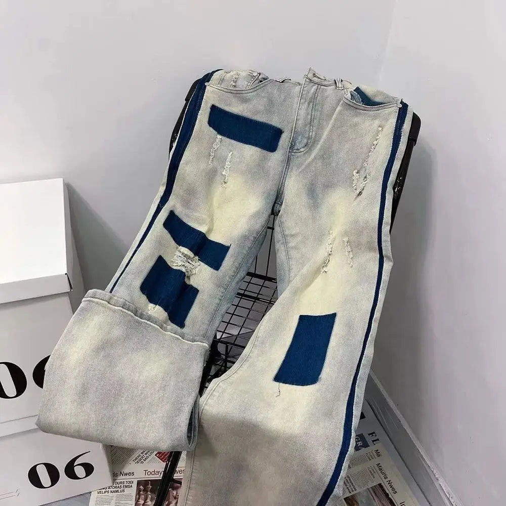 men and women trendy high street retro washed ripped color blocked jeans summer hip hop loose straight leg casual pants y2k unique jeans style 801