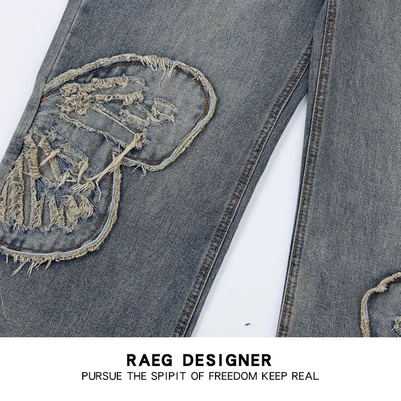 butterfly patches embroidered washed straight vintage baggy fitting jeans for men high street distressed jeans pants women unique jeans style 4479