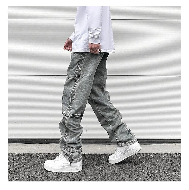 side long zipper open denim jeans mens elastic waist straight biker trousers jeans fashion streetwear hip hop jean pants joggers unique joggers style 2544