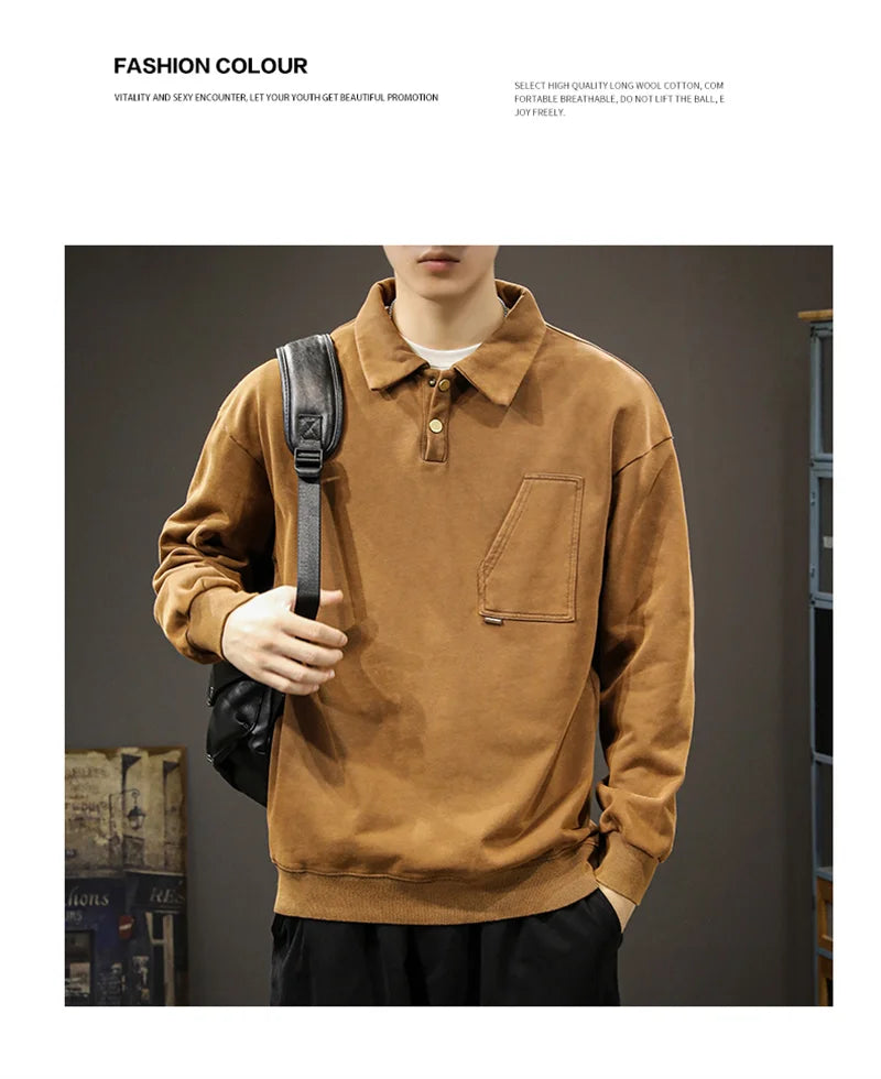 Autumn Y2K Vintage Long Sleeve Sweatshirt Mens Loose Pockets Polo Neck