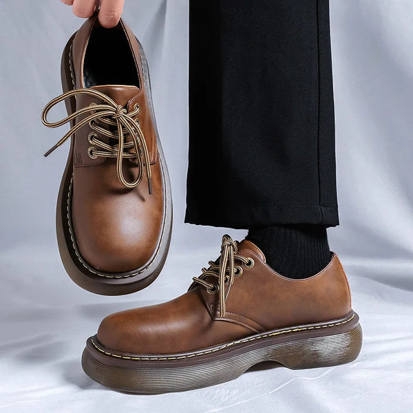 High Street Vintage Brown Big Toe Leather Shoes Men Women Streetwear Fashion Hip Hop Casual Increase Derby Shoes