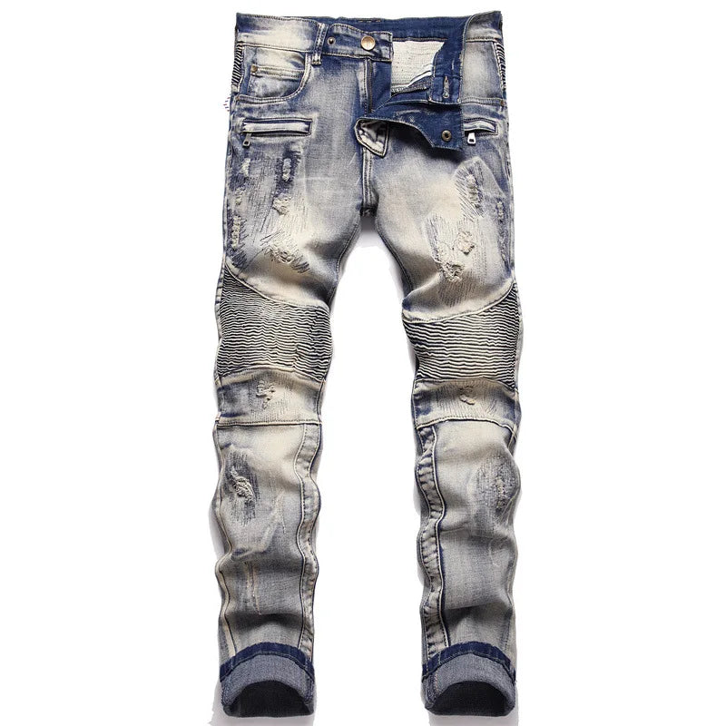 distressed washed pleated denim jean pants new fashion biker jeans streetwear casual slim pants jogger y2k mens skinny joggers unique joggers style 4140