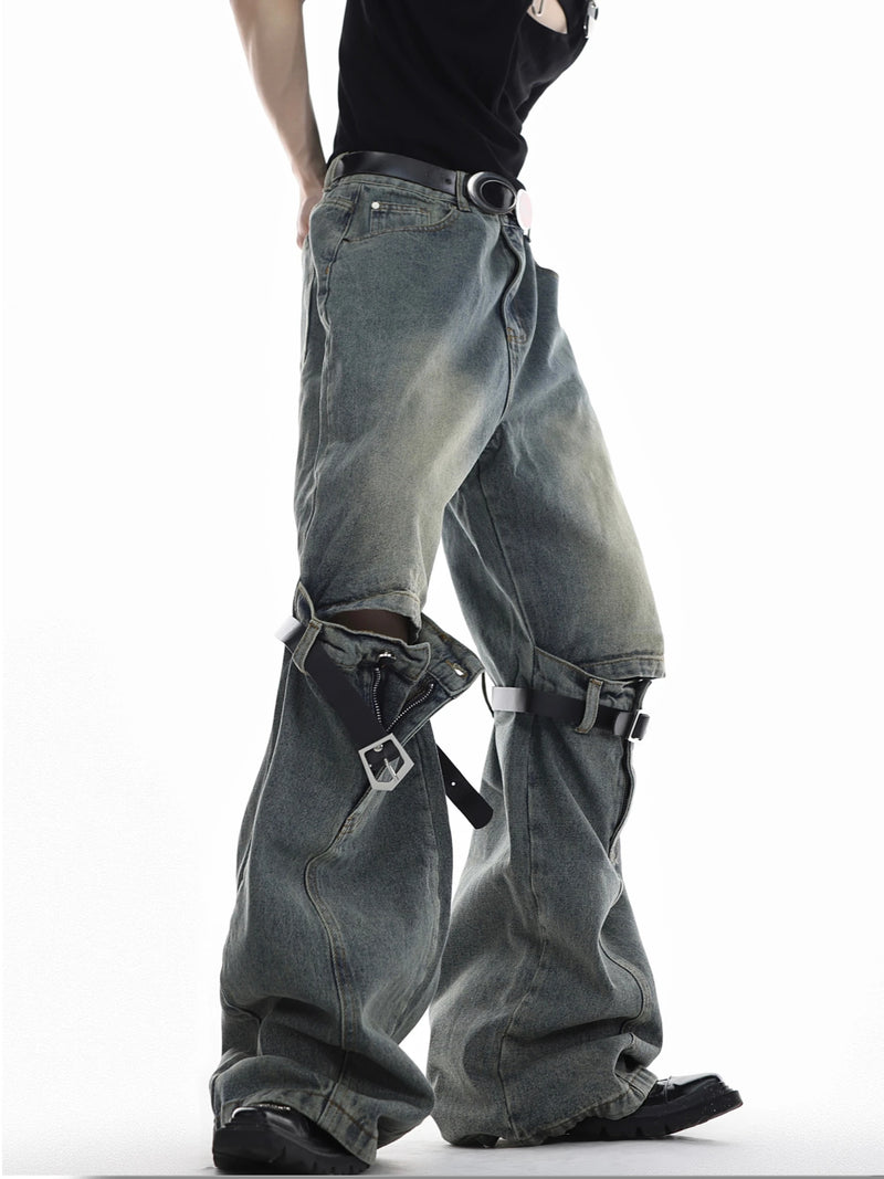 mens knee patchwork belts denim jeans unisex hip hop fashion streetwear harajuku loose flare straight y2k jean pants joggers unique joggers style 4289