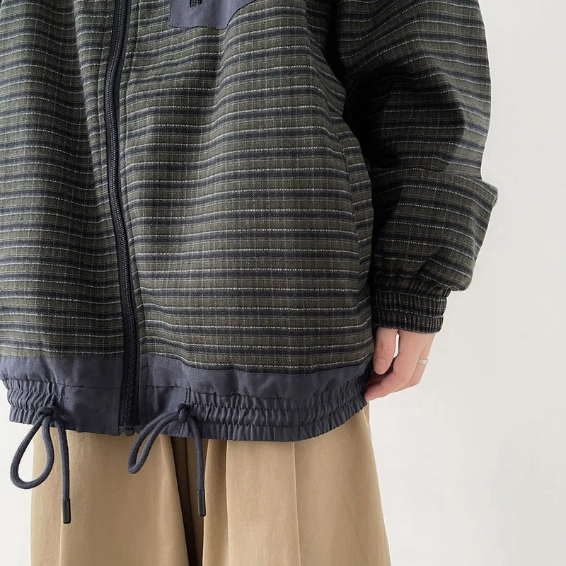 Autumn Japanese Retro Loose Casual Stand Up Collar Checked Jacket Mens