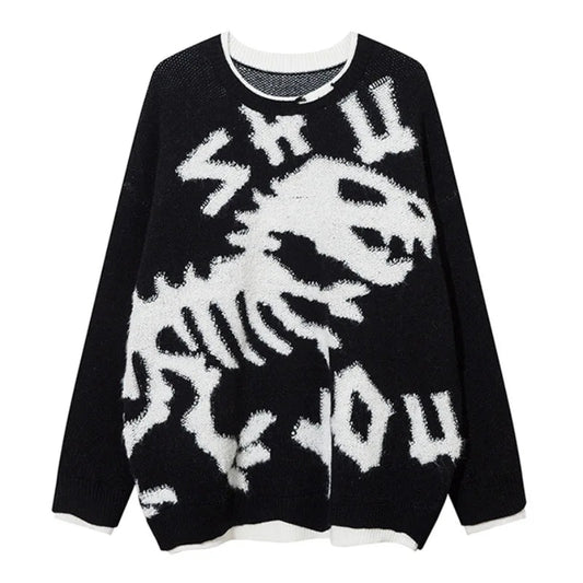 hip hop knitted sweater mens o neck dinosaur pattern fake two pieces pullover streetwear casual loose sweater jumper knitwear - graphic printed hoodie for men and women, oversized streetwear hoodie, gothic aesthetic hoodie for winter