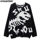 hip hop knitted sweater mens o neck dinosaur pattern fake two pieces pullover streetwear casual loose sweater jumper knitwear - graphic printed hoodie for men and women, oversized streetwear hoodie, gothic aesthetic hoodie for winter