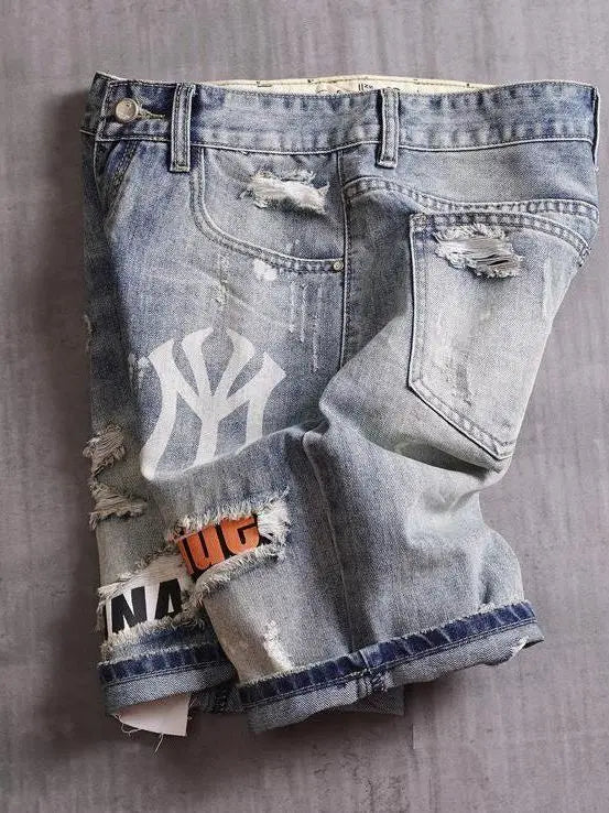 Men's Denim Shorts With Holes Washed Korean Style Straight Quarter  Patch Casual Jeans