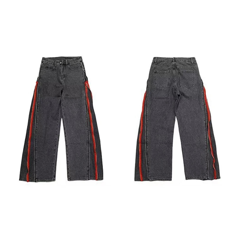 2023 cool design side zipper oversize hip hop men wide jeans pants y2k clothes straight loose punk denim trousers pantalon homme unique jeans style 1780