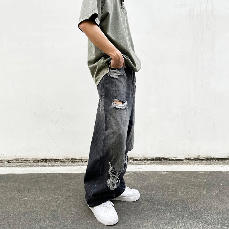 baggy ripped jeans damaged heavy industry washed jeans mens vintage vibe loose casual straight worn pants denim trousers stacked flare jeans