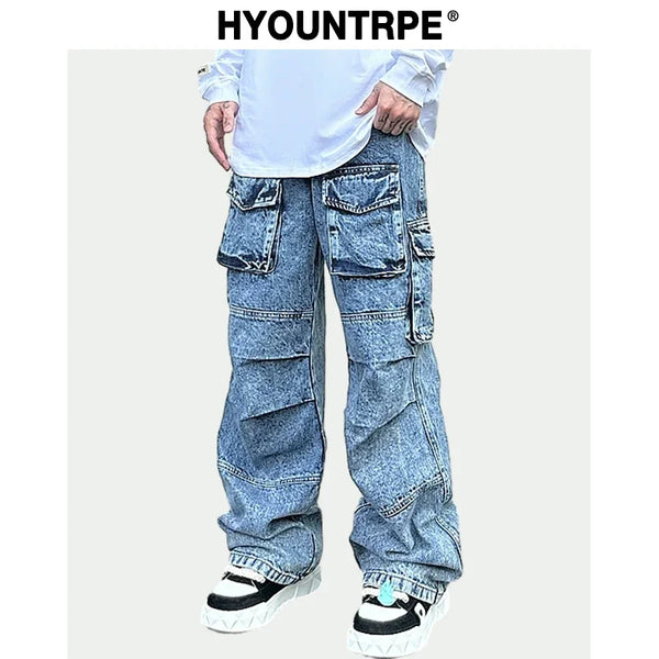 fashion loose streetwear cargo denim jeans unisex casual multi pocket wide legs jean pants hip hop joggers mens baggy jeans urban active pants