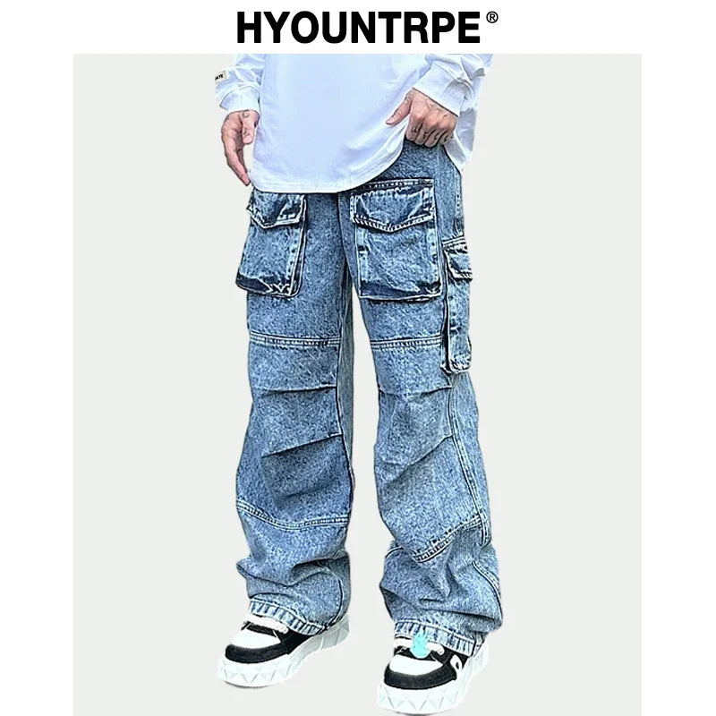 fashion loose streetwear cargo denim jeans unisex casual multi pocket wide legs jean pants hip hop joggers mens baggy jeans urban active pants