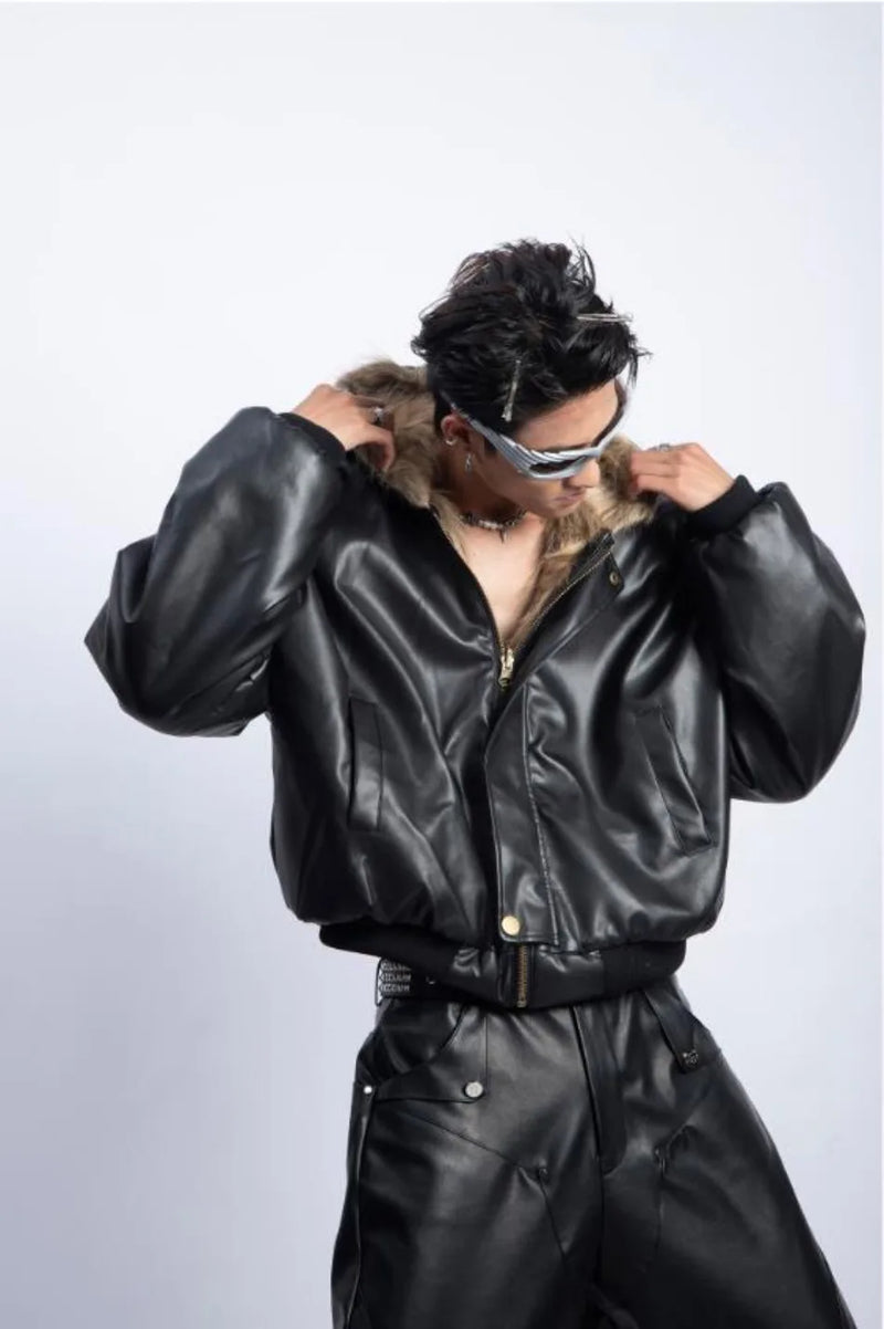 Integrated Fur Leather Men Cotton Jackets Thickened American High Street Motorcycle PU Leather Parkas Winter Couple Punk Outwear