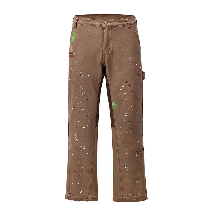 high street retro spotted ink contrast color flared jeans pants male wide leg plus size patchwork ripped denim trousers unique jeans style 99