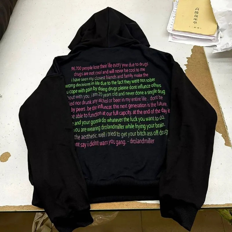 Y2K American Street Fashion Anime Letter Graffiti Print Oversized Hood