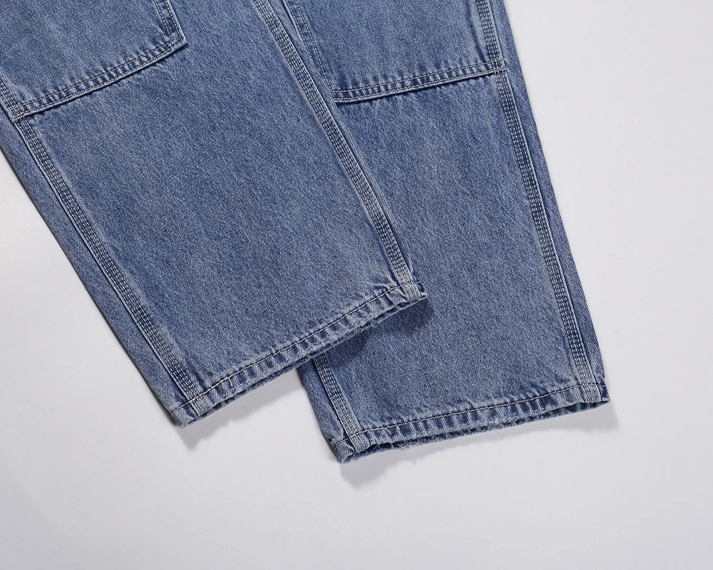 2024 new fashion blue pockets jeans for men and women streetwear casual cargo pants washed solid color denim trousers oversized unique cargo style 4494