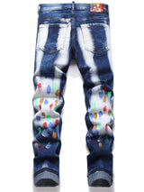 fashion distressed white washed denim jean pants colorful graffiti printed casual biker hip hop jeans slim joggers mens jeans urban active pants