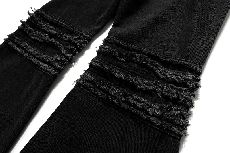 y2k streetwear trendy oversized micro flare jeans black ro hip hop washed tassel distressed denim jean raw edge mens wide pants unique jeans style 756