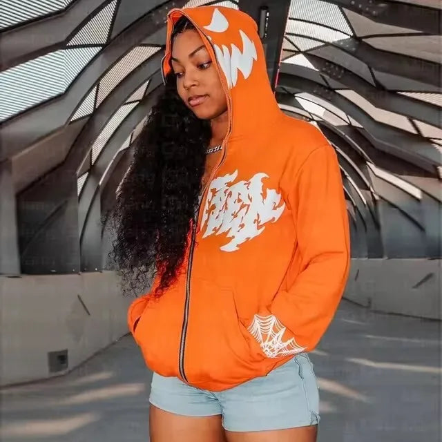 Women Men Zip Up Punk Jackets Halloween Long Sleeve Y2K Hoodies Goth H