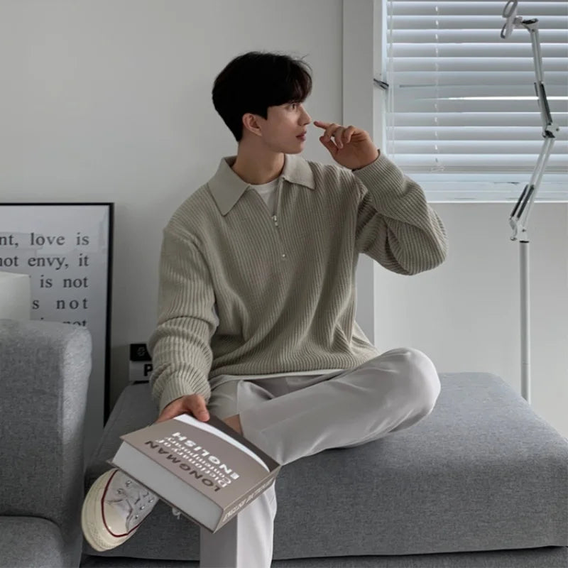 grunge knit sweater with heavyweight fabric, layered urban look for cold weather, street fashion menswear trend for seasonal 