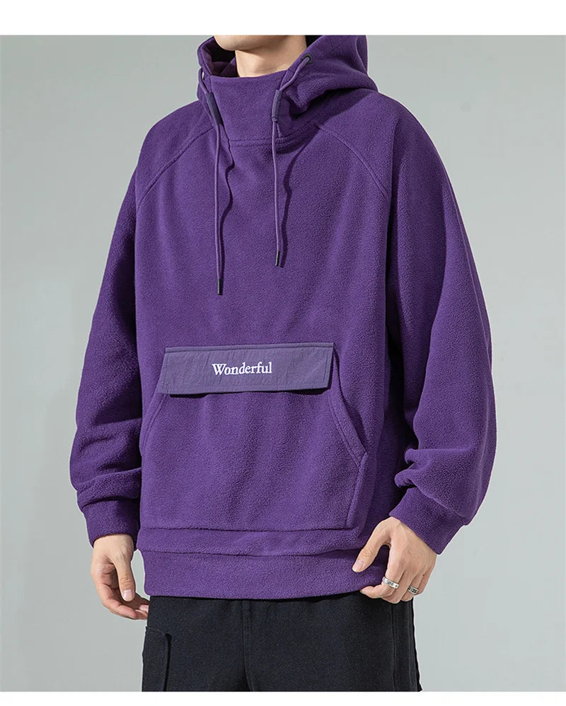 Autumn Polar Fleece Half Turtleneck Hoodies For Men Y2K Vintage Windproof Hooded Sweatshirts Casual Streetwear Pullover