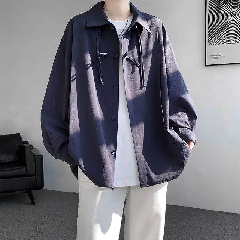 Shirts for men spring and autumn style national fashion design loose and versatile large size outer wear lapel long sleeved tops